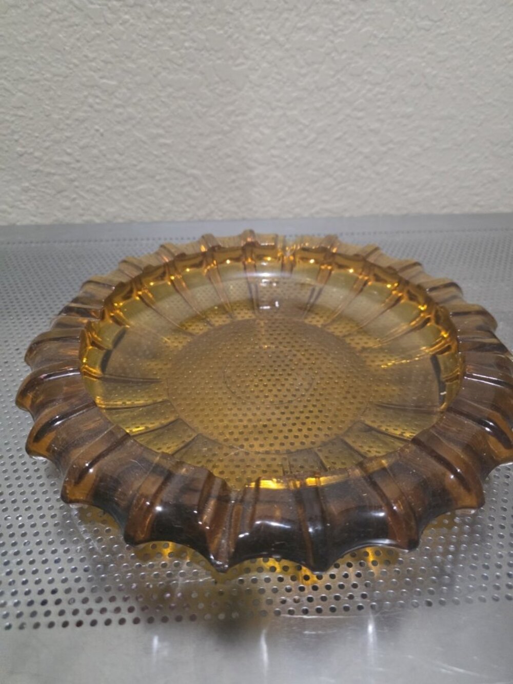 Fostoria Amber Glass Ashtray Large 9.75 in Round Ribbed Vintage